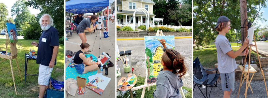 Image of an adult, teens, and child painting outside for the Plein Air event.